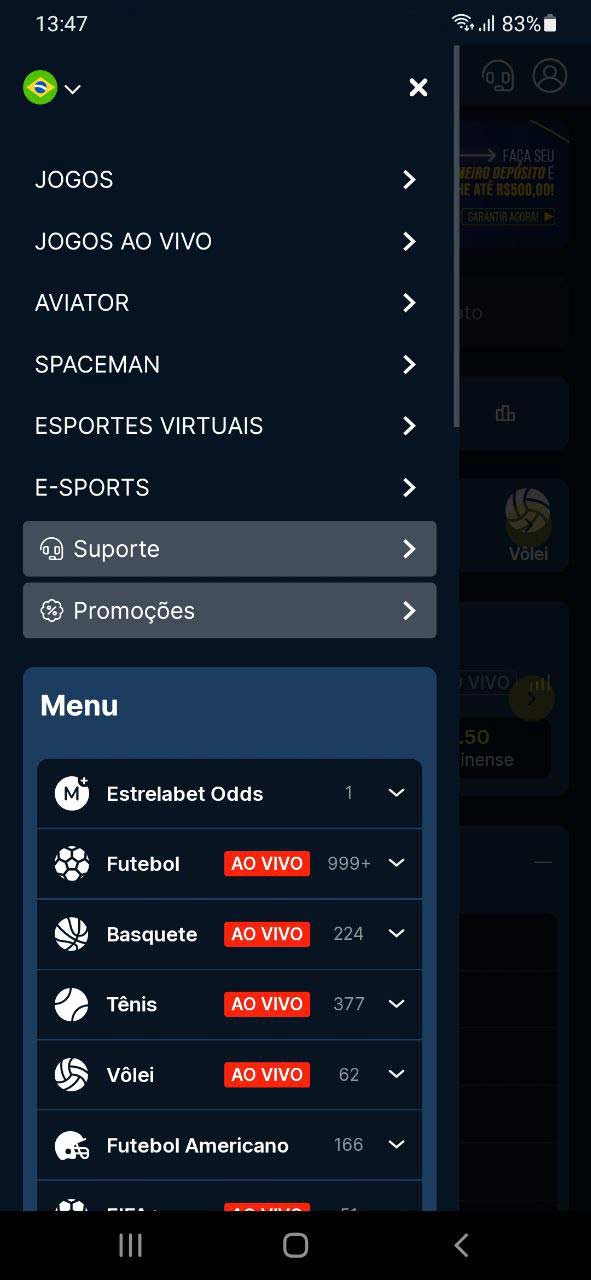 Captura de tela do menu do aplicativo Estrela Bet.